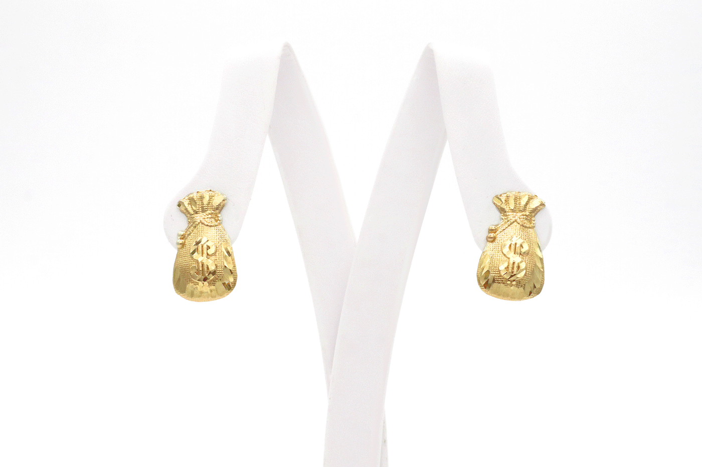 10K Solid Gold Money Bag Dollar Sign Stud Earrings