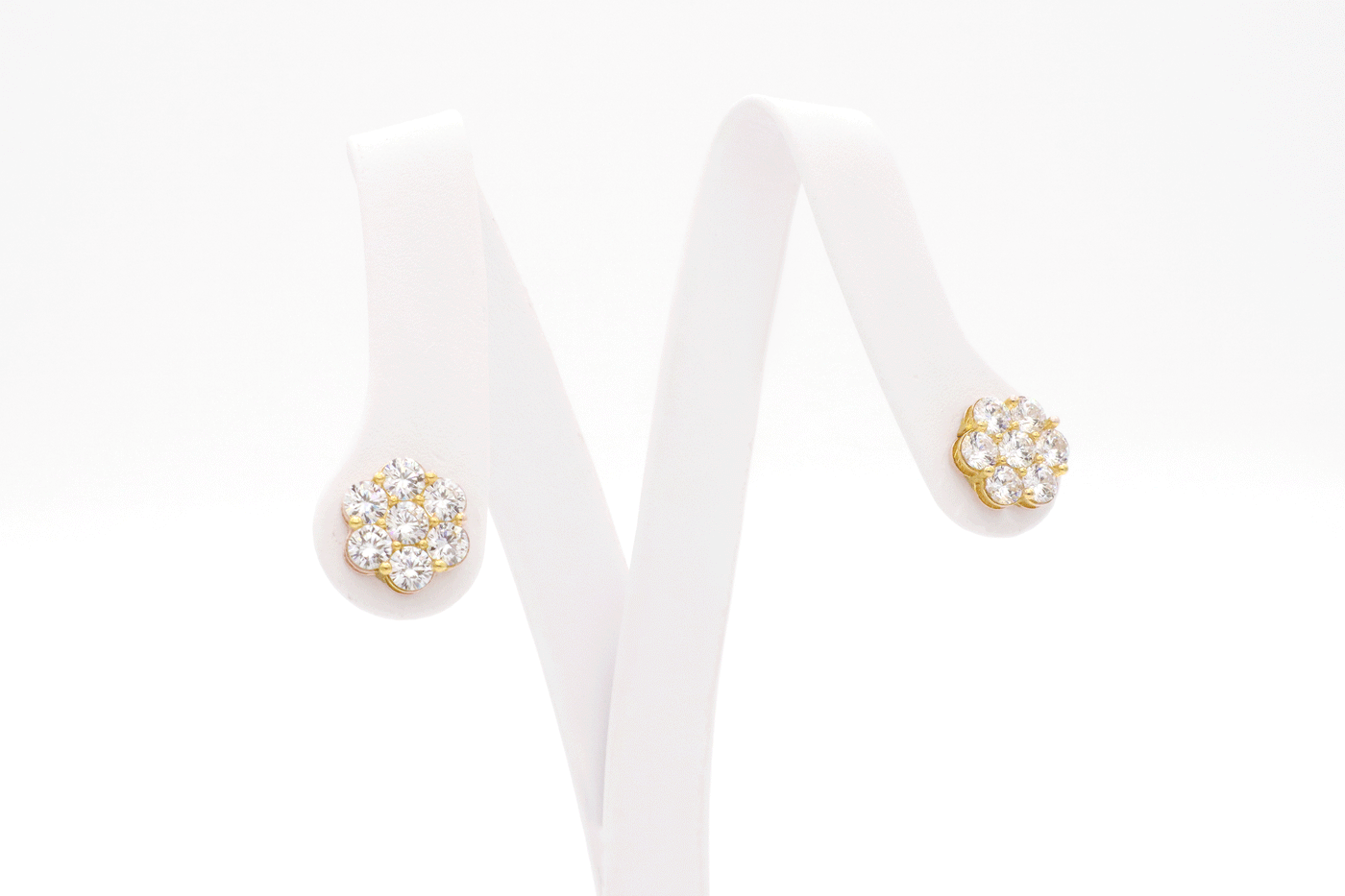 10K Solid Yellow Gold Flower Earrings (White CZ)