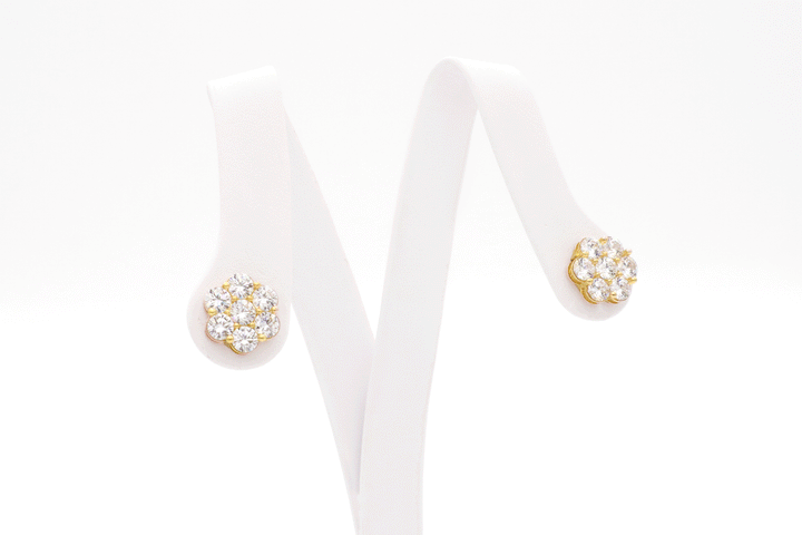 10K Solid Yellow Gold Flower Earrings (White CZ)