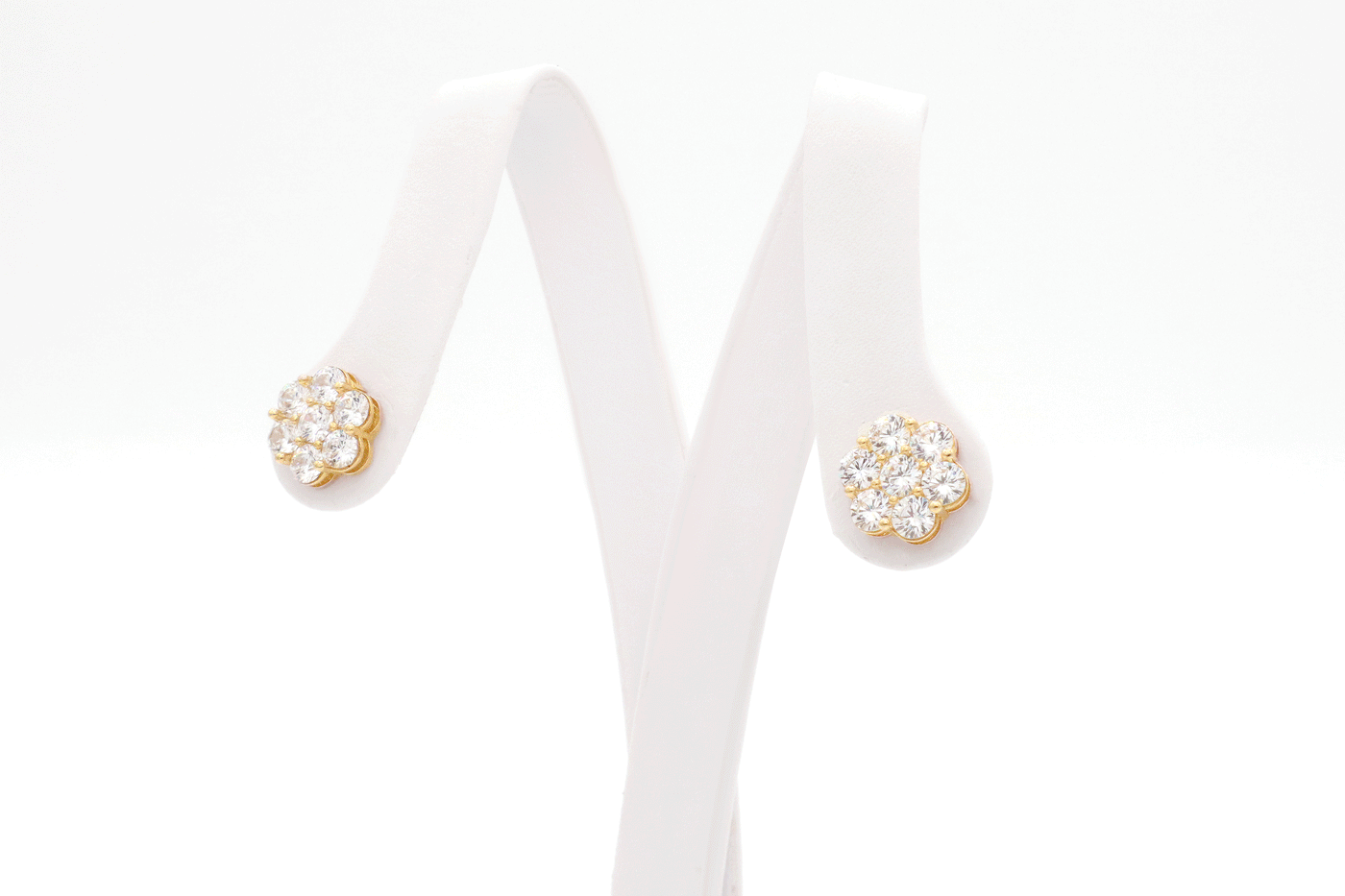 10K Solid Yellow Gold Flower Earrings (White CZ)