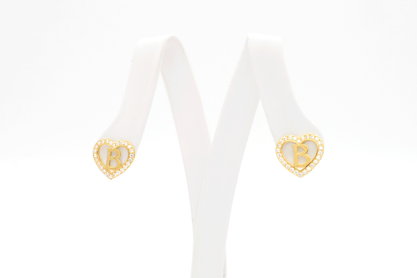10K Solid Gold CZ Heart Initial Earrings