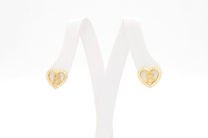 10K Solid Gold CZ Heart Initial Earrings