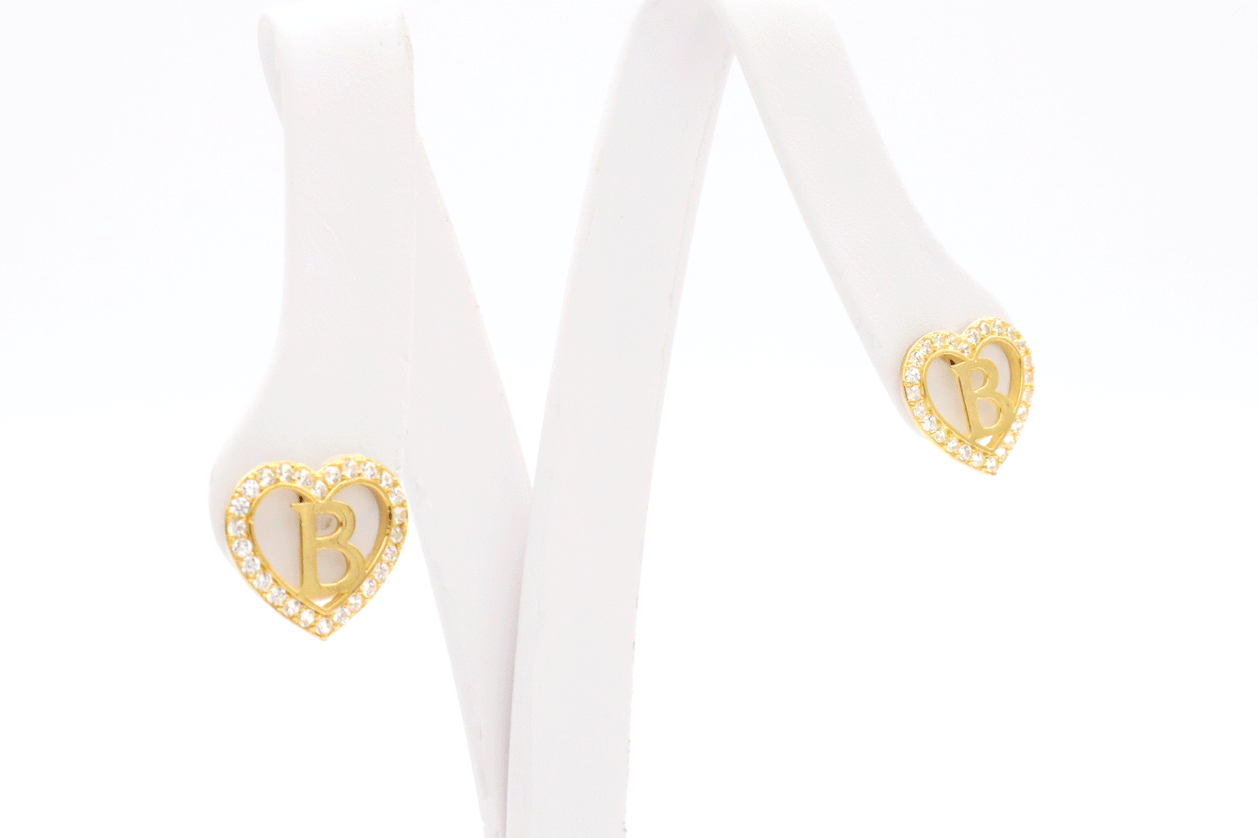 10K Solid Gold CZ Heart Initial Earrings
