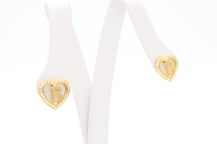 10K Solid Gold CZ Heart Initial Earrings