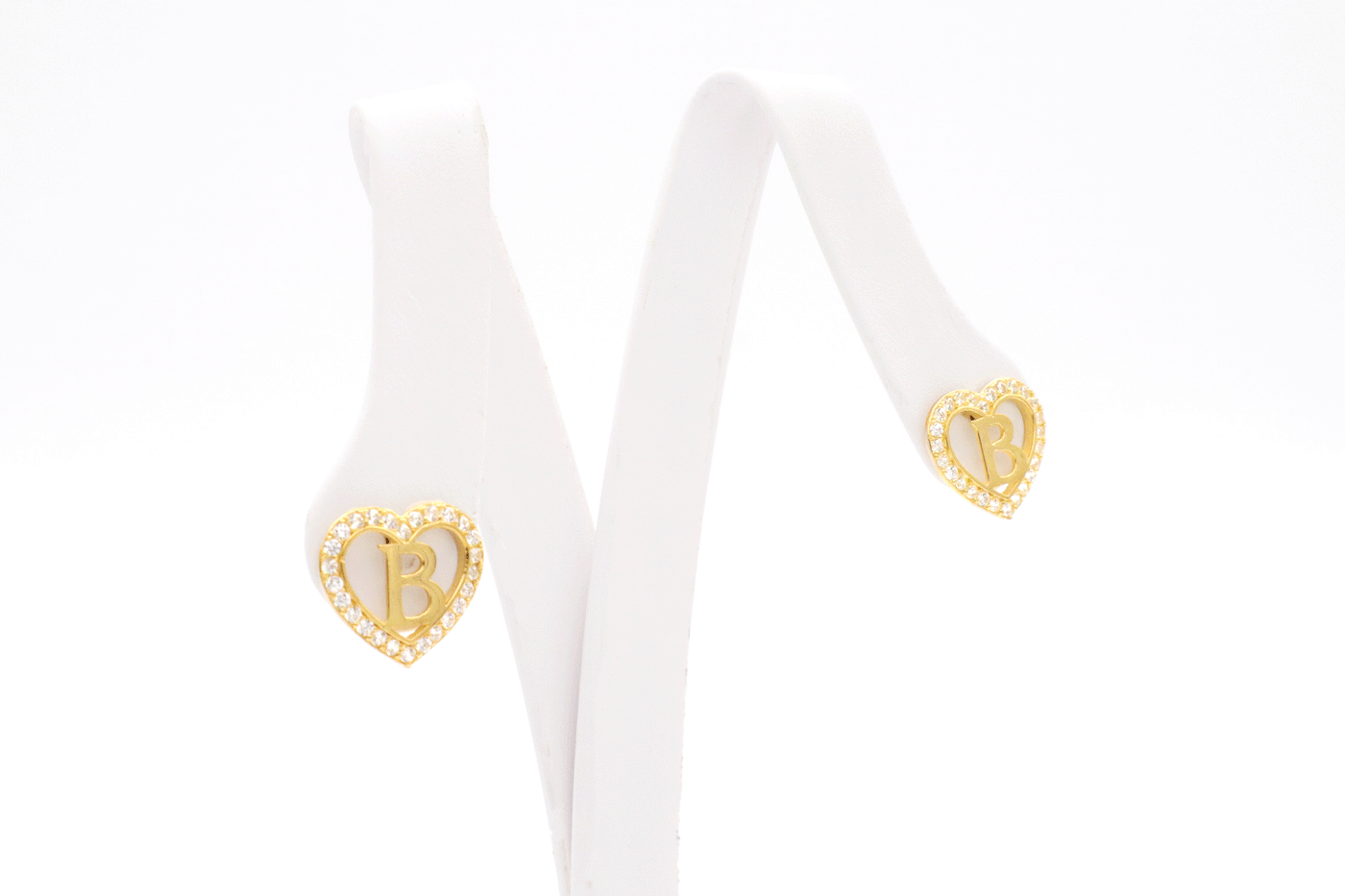 10K Solid Gold CZ Heart Initial Earrings