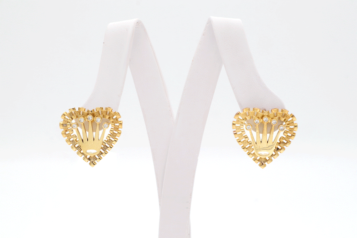 10K Solid Gold Rolly Crown Heart Stud Earrings