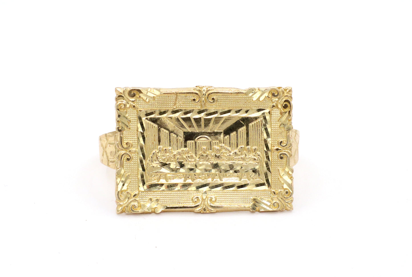 Men's Rectanglur Diamond cut 10K Gold Two finger RIng Jesus Last Supper