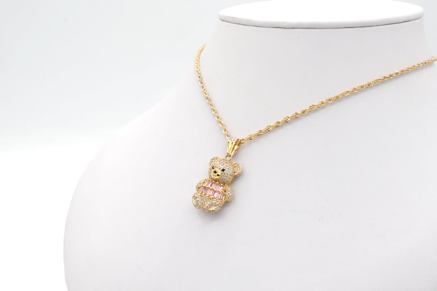 10K Solid Gold Cute Bear CZ Charm (Pink & White)