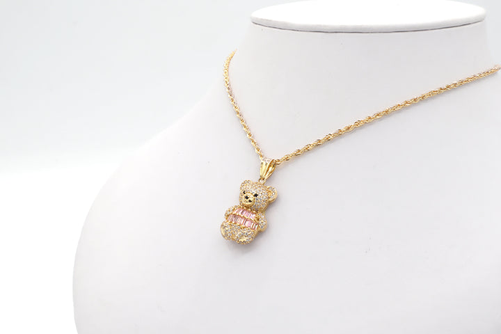 10K Solid Gold Cute Bear CZ Charm (Pink & White)