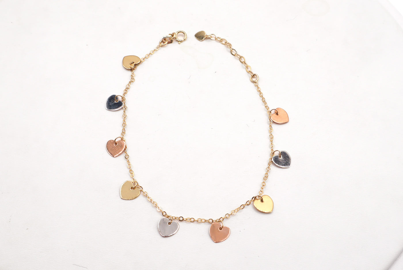 14K Solid Tri-Color Gold Diamond-Cut Heart Charm Bracelet