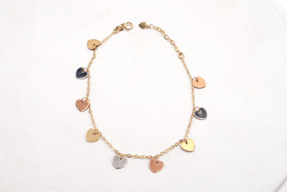 Tri color Heart charm small paper clip bracelet 14K Gold -STF DIamonds