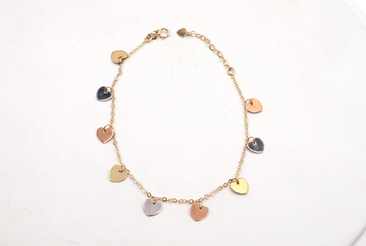 14K Solid Tri-Color Gold Diamond-Cut Heart Charm Bracelet