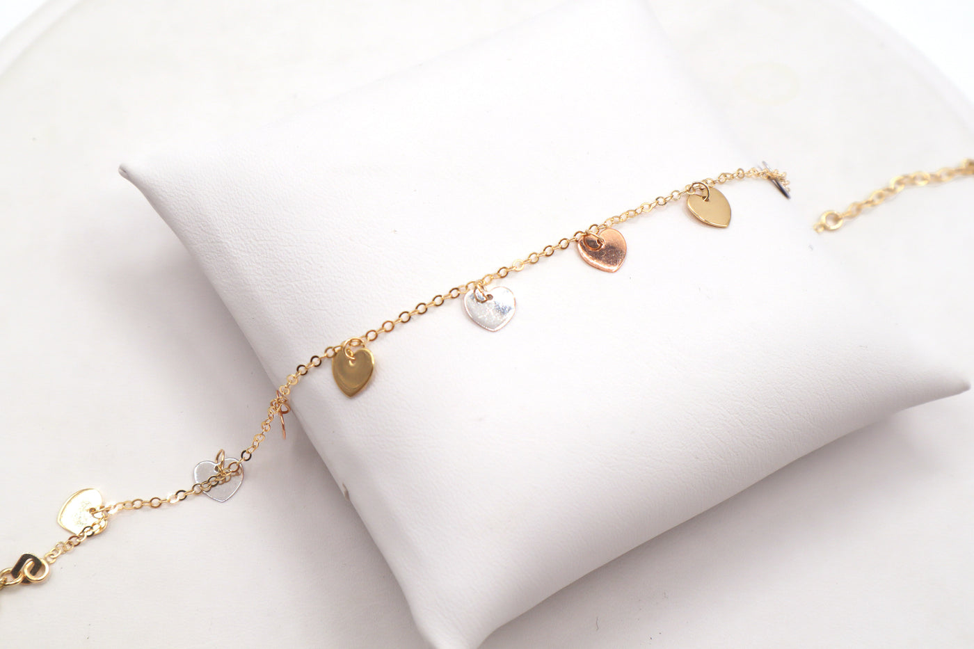 14K Solid Tri-Color Gold Diamond-Cut Heart Charm Bracelet