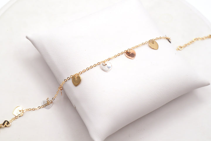 14K Solid Tri-Color Gold Diamond-Cut Heart Charm Bracelet