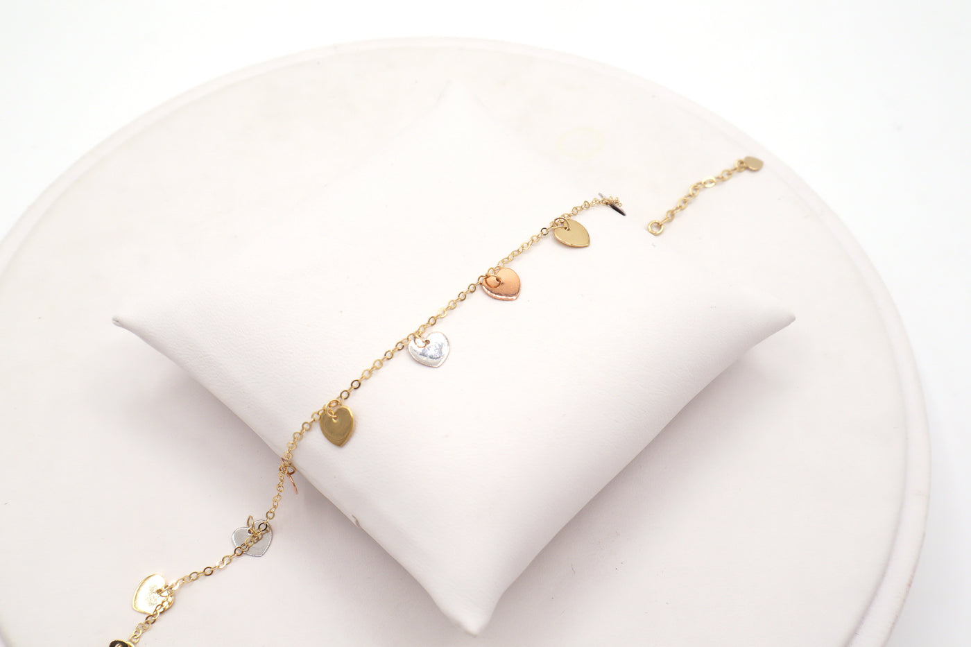 14K Solid Tri-Color Gold Diamond-Cut Heart Charm Bracelet