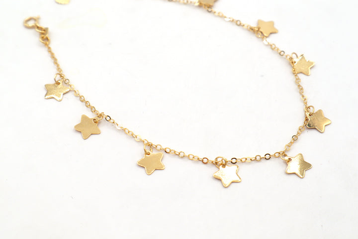 14K Solid Yellow Gold Diamond-Cut Twinkle Stars Charm Bracelet