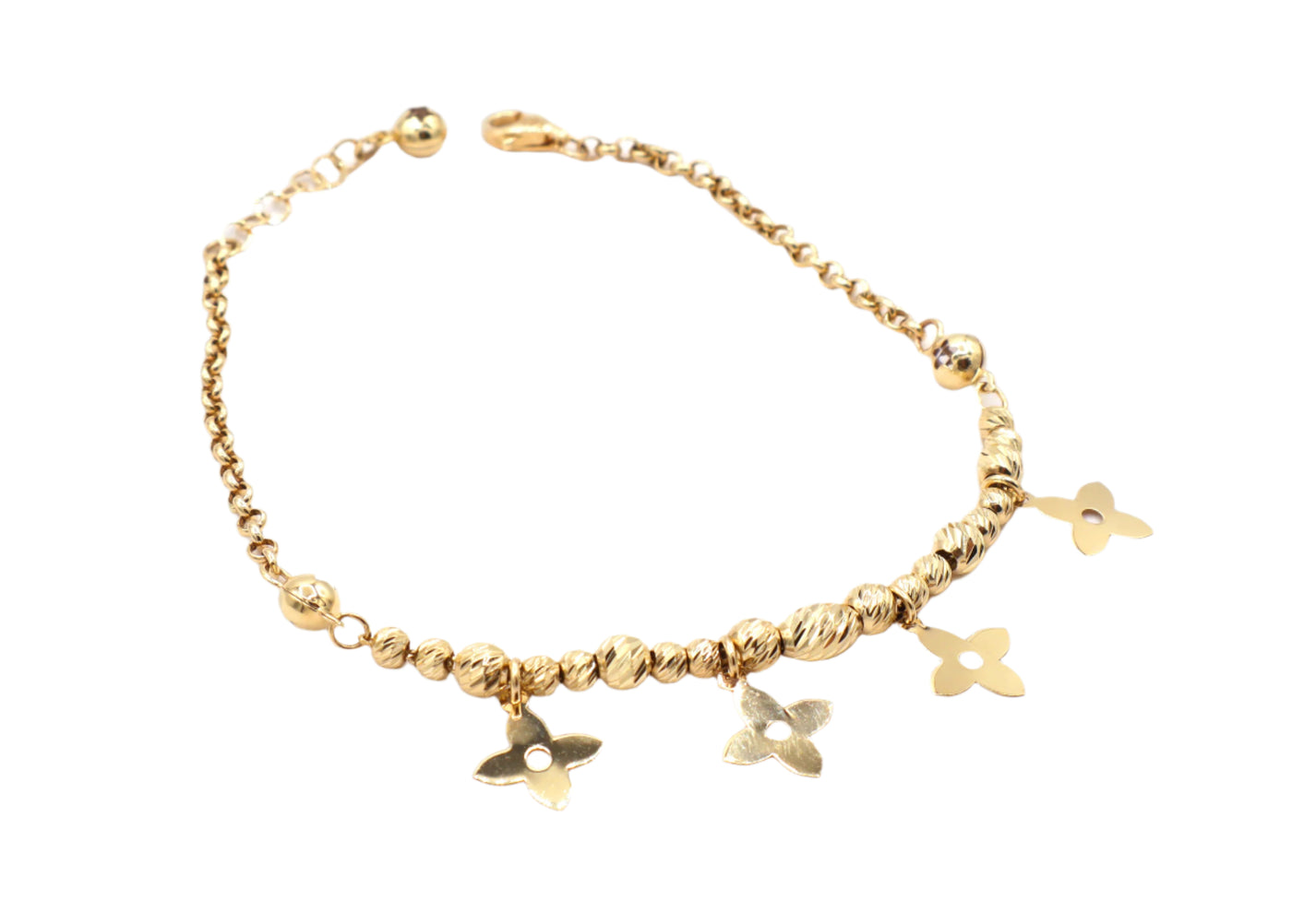 14K Solid Yellow Gold Four-Petal Flower Charm Bead Bracelet