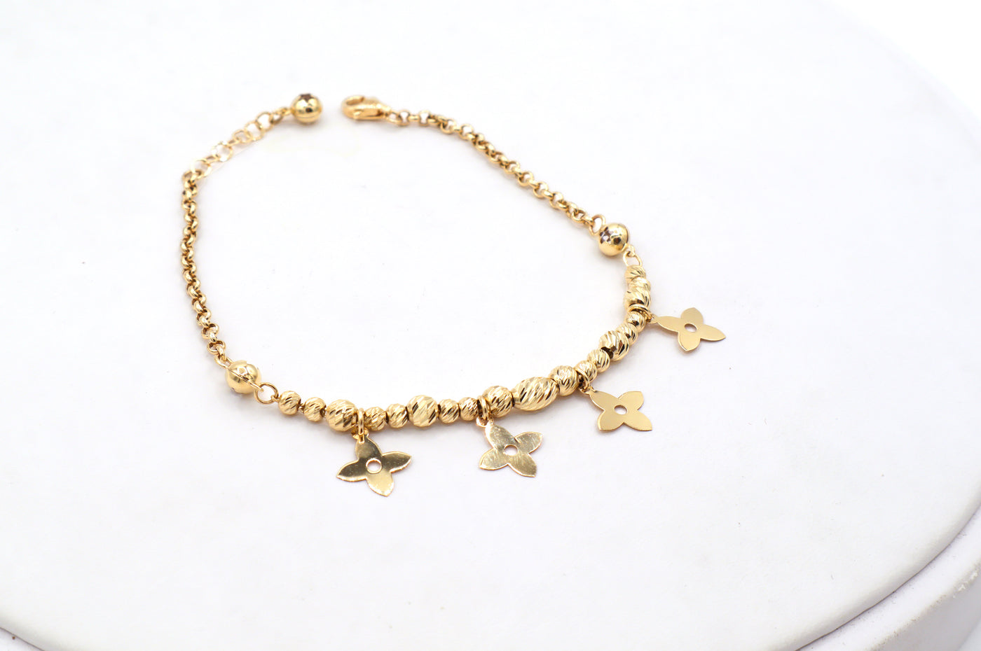 14K Solid Yellow Gold Four-Petal Flower Charm Bead Bracelet