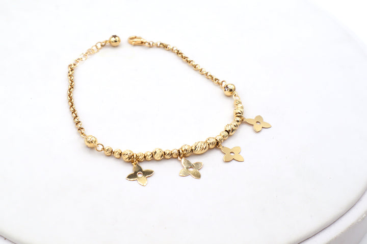 14K Solid Yellow Gold Four-Petal Flower Charm Bead Bracelet