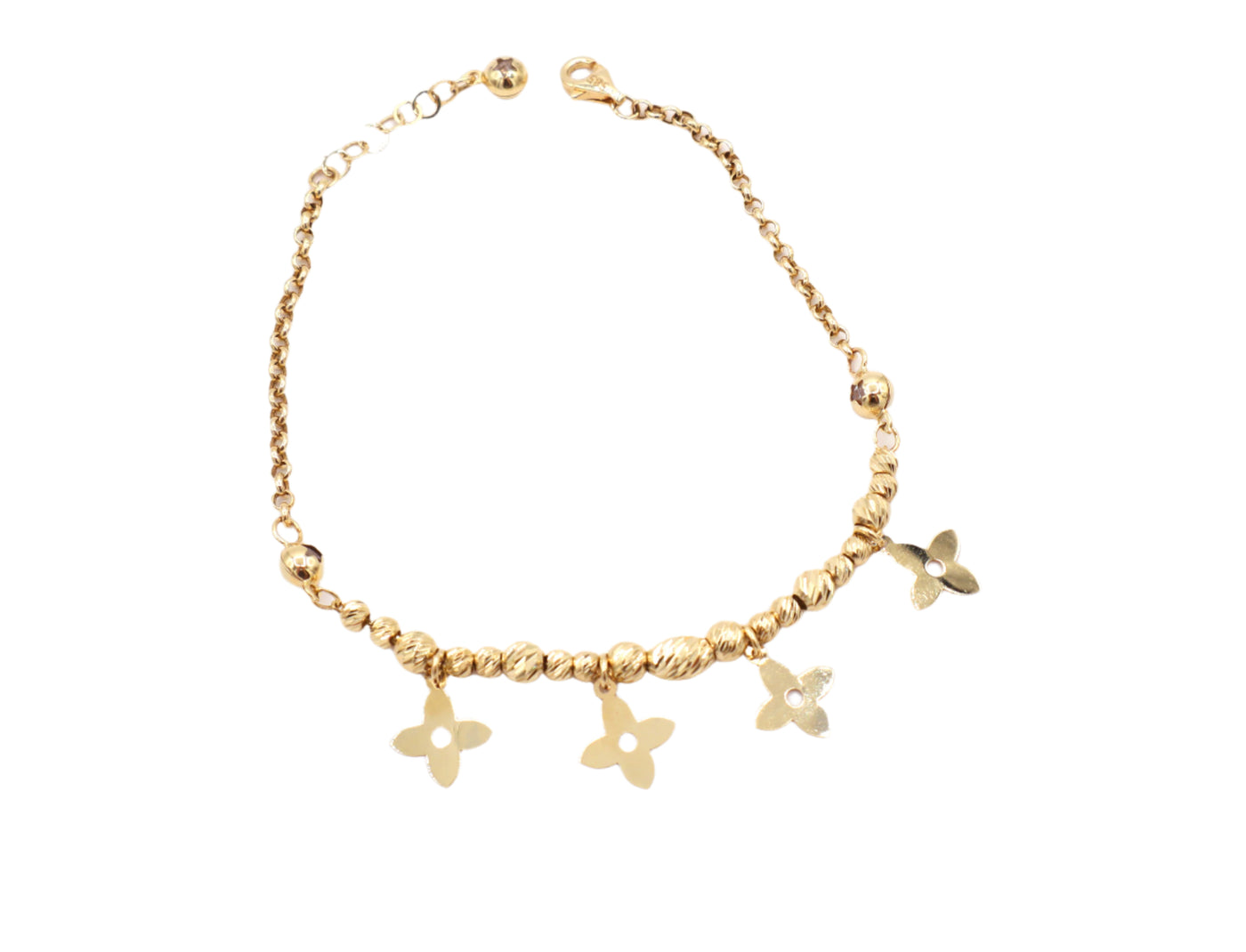 14K Solid Yellow Gold Four-Petal Flower Charm Bead Bracelet