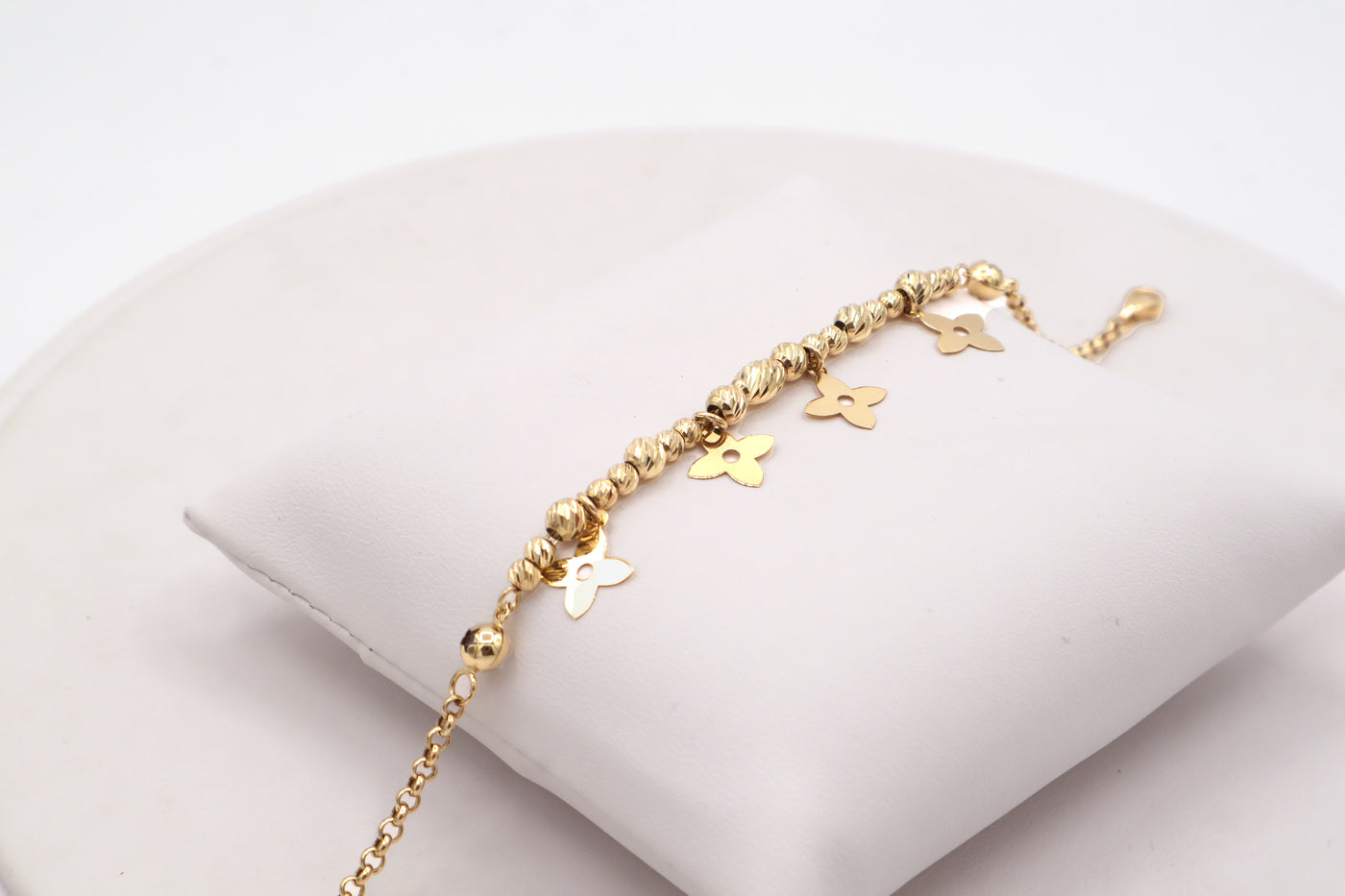 14K Solid Yellow Gold Four-Petal Flower Charm Bead Bracelet