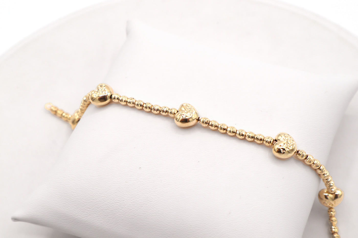 14K Solid Gold Diamond-Cut Five Moon-Cut Heart Charms Bracelet