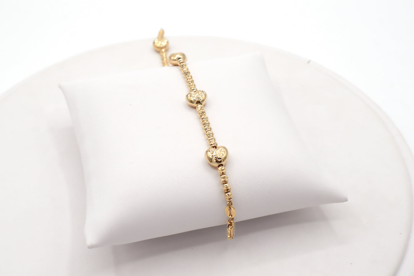 14K Solid Gold Diamond-Cut Five Moon-Cut Heart Charms Bracelet
