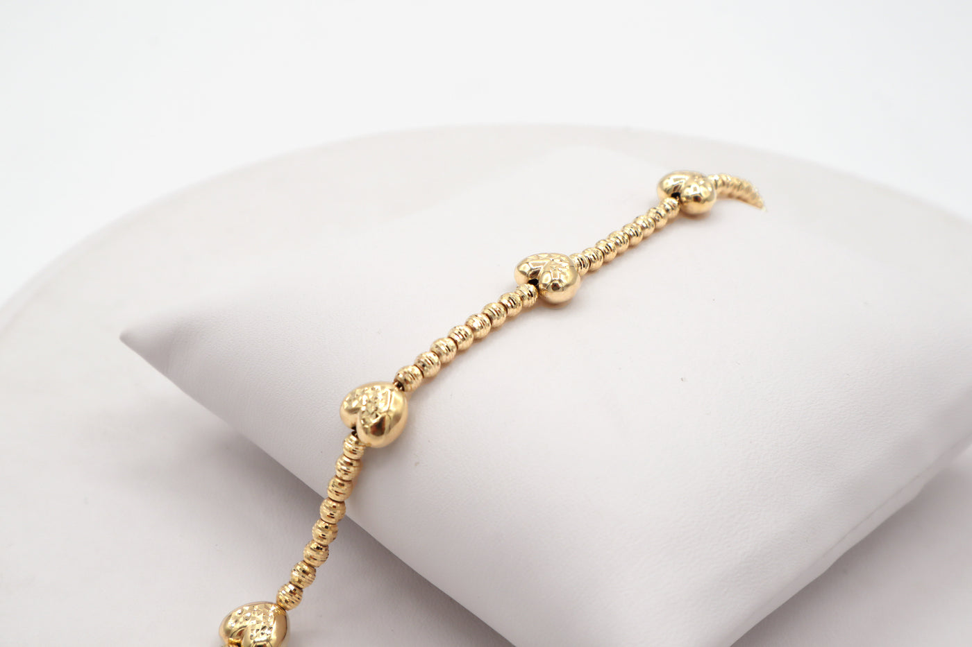 14K Solid Gold Diamond-Cut Five Moon-Cut Heart Charms Bracelet