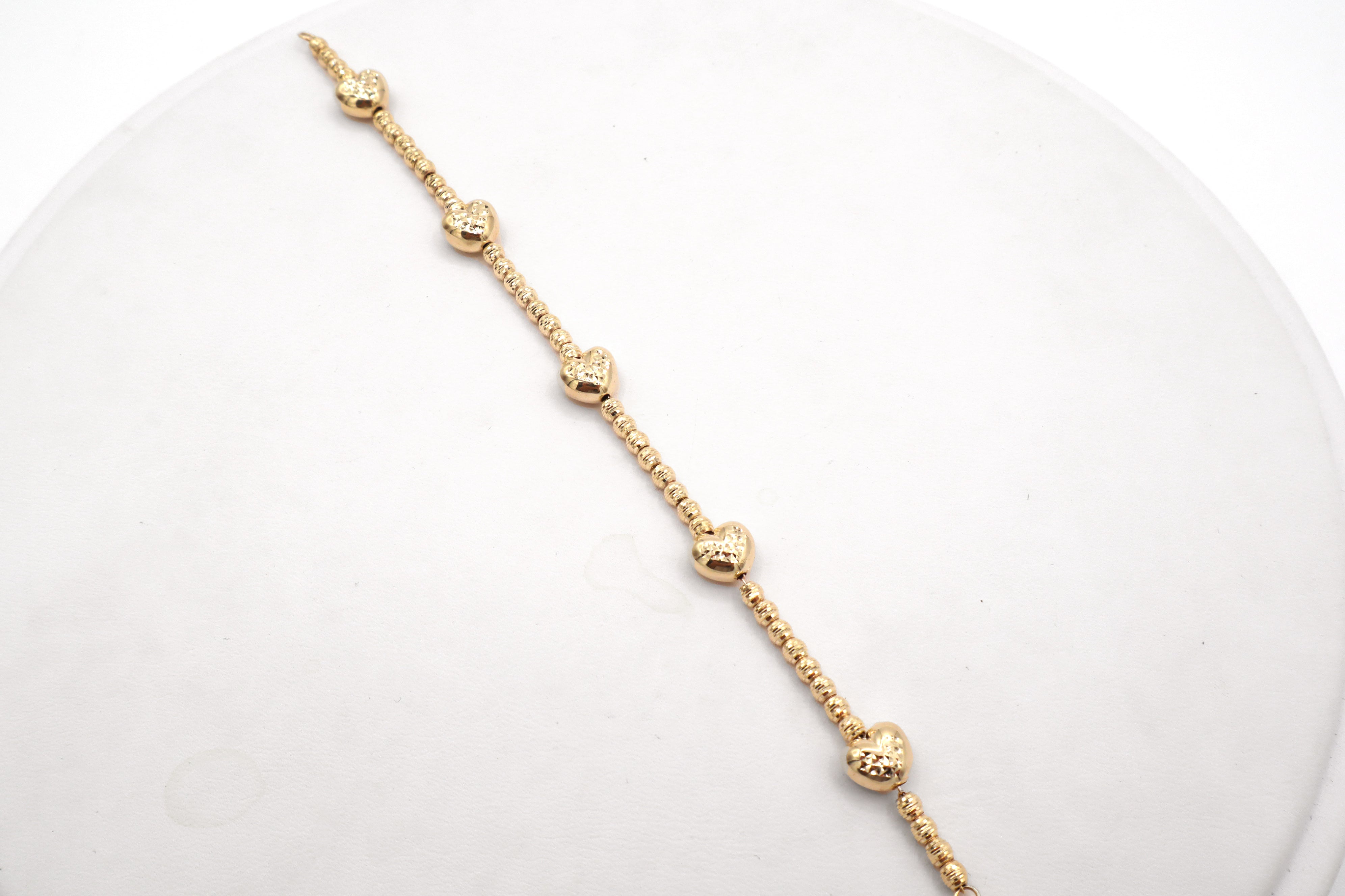 5 little Moon Cut heart charms 14K Gold Bracelet-STF DIAMONDS