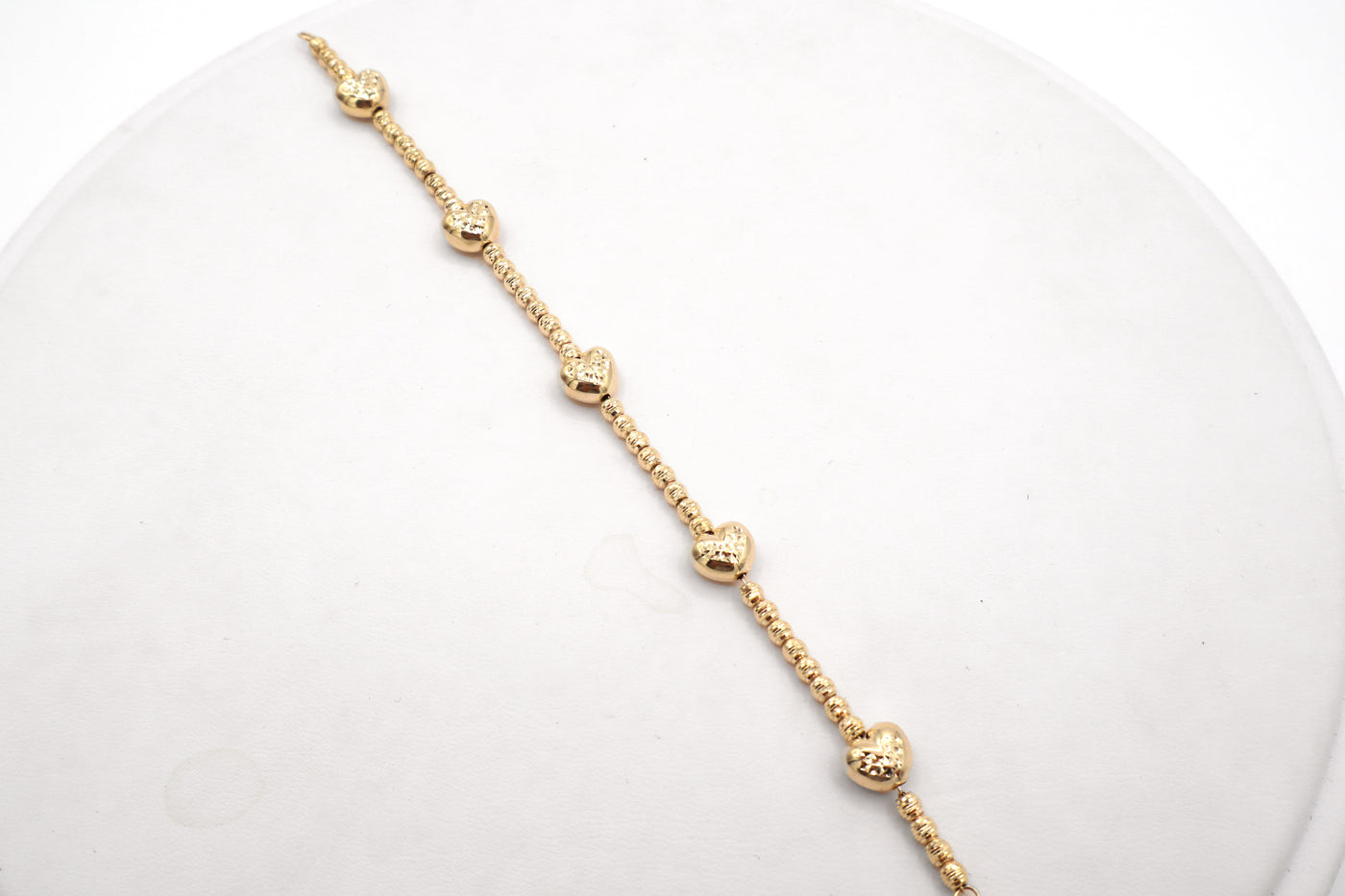 14K Solid Gold Diamond-Cut Five Moon-Cut Heart Charms Bracelet