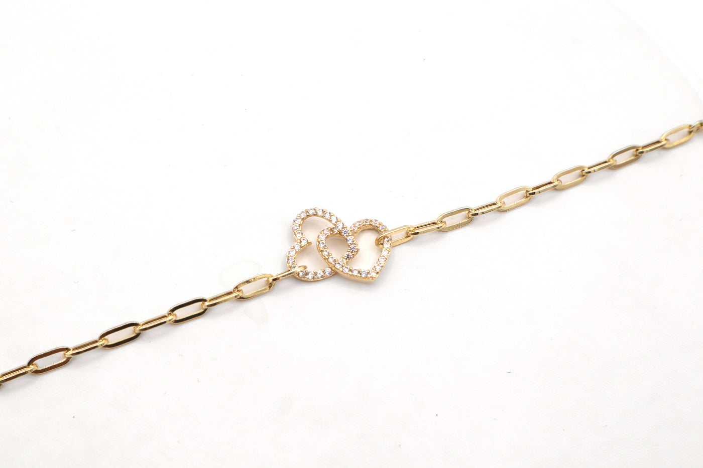 14K Solid Yellow Gold Interlocking CZ Heart Paperclip Bracelet