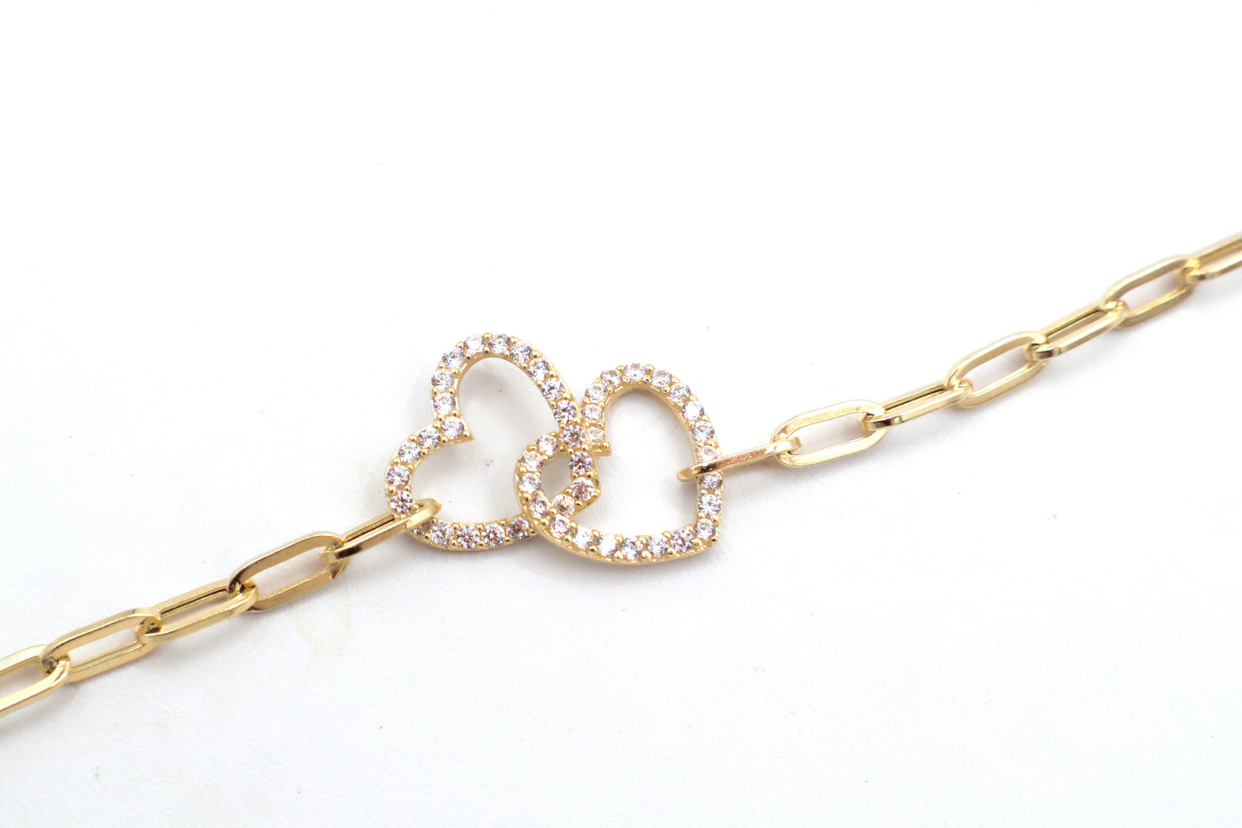 14K Solid Yellow Gold Interlocking CZ Heart Paperclip Bracelet