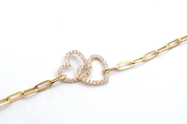 14K Solid Yellow Gold Interlocking CZ Heart Paperclip Bracelet