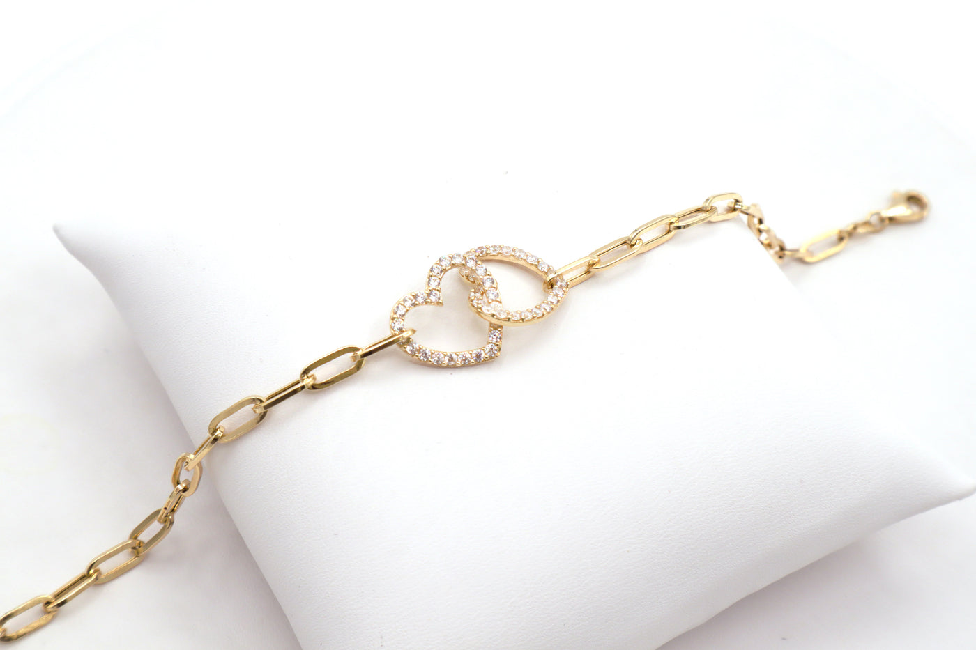 14K Solid Yellow Gold Interlocking CZ Heart Paperclip Bracelet