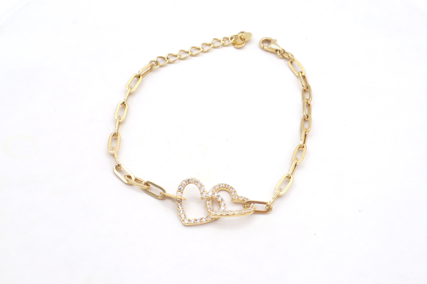 14K Solid Yellow Gold Interlocking CZ Heart Paperclip Bracelet