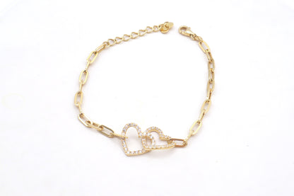 Two big heart charms with CZ Cubic paper clip Bracelet - STF DIAMONDS