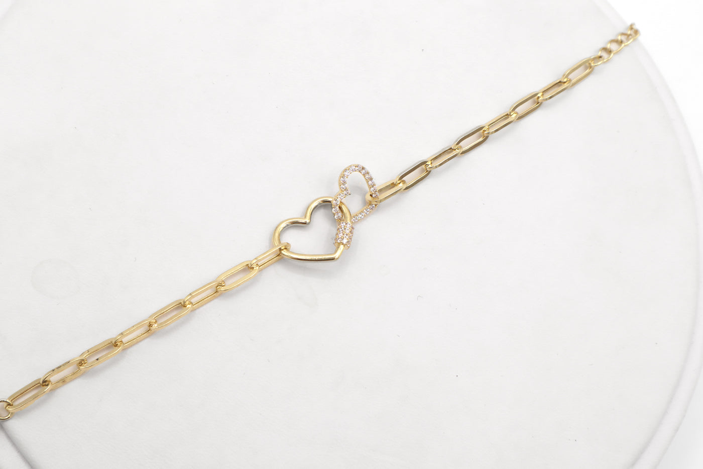 14K Solid Yellow Gold Heart Lock & CZ Heart Paperclip Bracelet