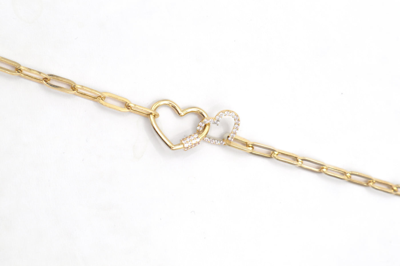 14K Solid Yellow Gold Heart Lock & CZ Heart Paperclip Bracelet