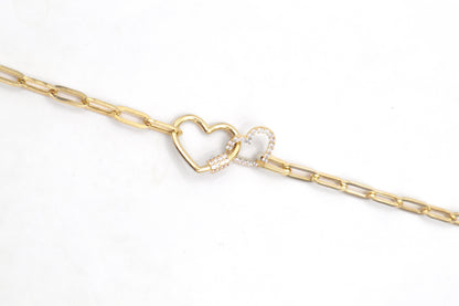 One Big heart with lock and small heart charms with CZ Cubic paper clip Bracelet - STF DIAMONDS