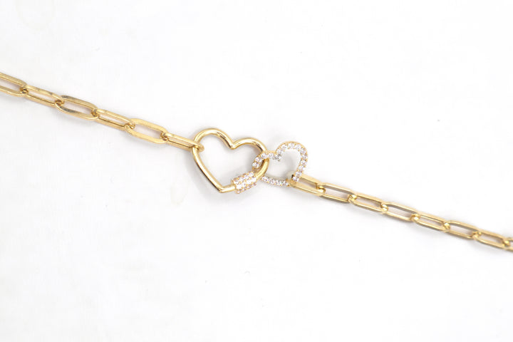 14K Solid Yellow Gold Heart Lock & CZ Heart Paperclip Bracelet