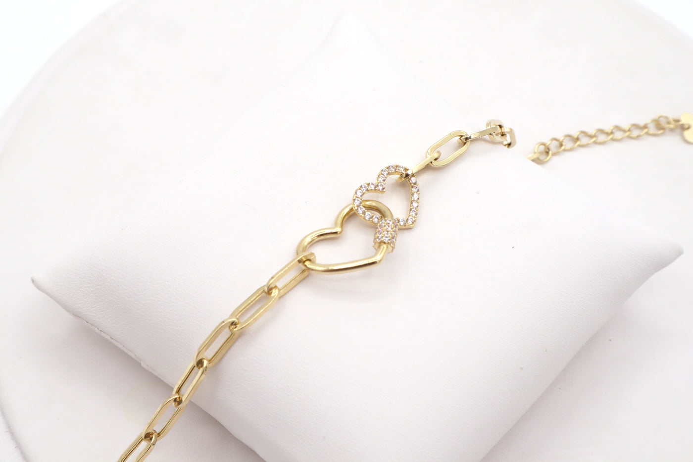 14K Solid Yellow Gold Heart Lock & CZ Heart Paperclip Bracelet