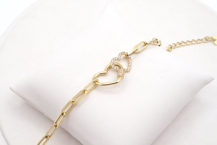 14K Solid Yellow Gold Heart Lock & CZ Heart Paperclip Bracelet