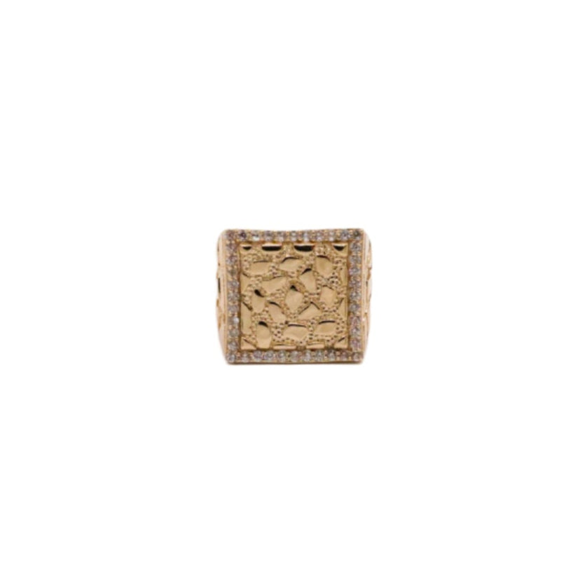 10K Solid Yellow Gold Square Nugget Boss CZ Ring