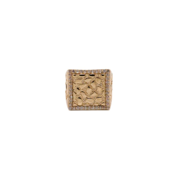10K Solid Yellow Gold Square Nugget Boss CZ Ring