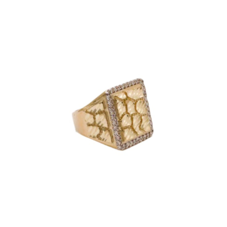 10K Solid Yellow Gold Square Nugget Boss CZ Ring