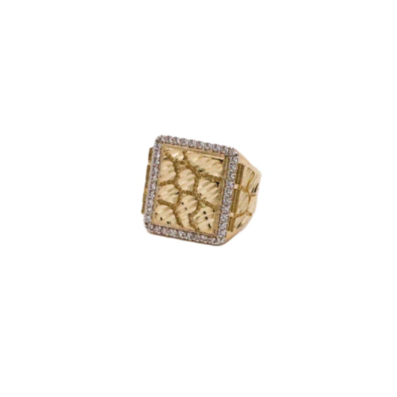 10K Solid Yellow Gold Square Nugget Boss CZ Ring