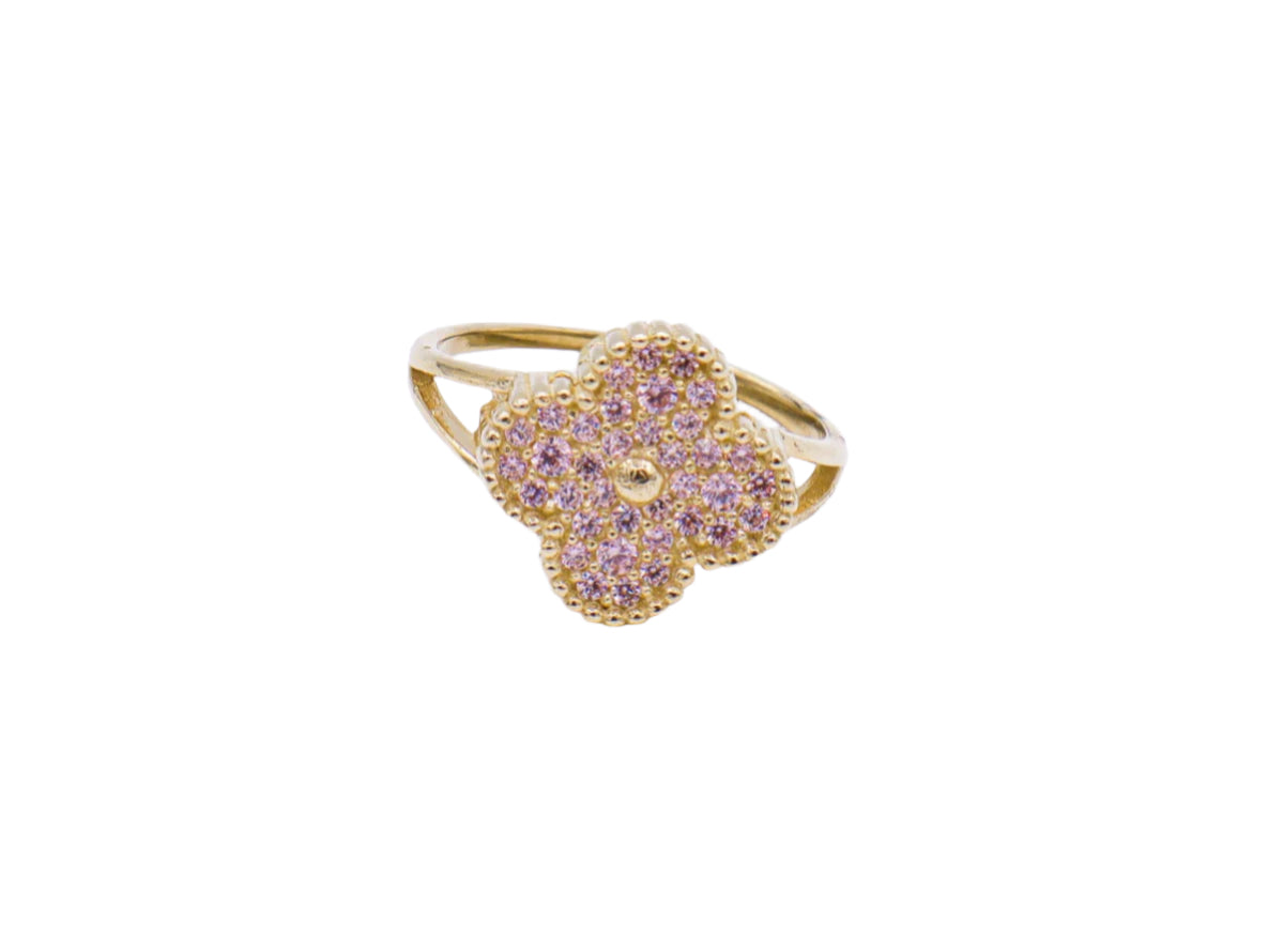 10K Solid Yellow Gold Four Leaf Clover CZ Ring (Pink & White)