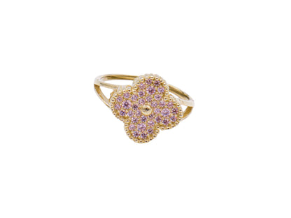 Four Leaf Lucky Clover CZ Women's Ring -10K yellow Gold-CZ Cubic Zirconia Pink White | STF DIAMONDS JEWELRY