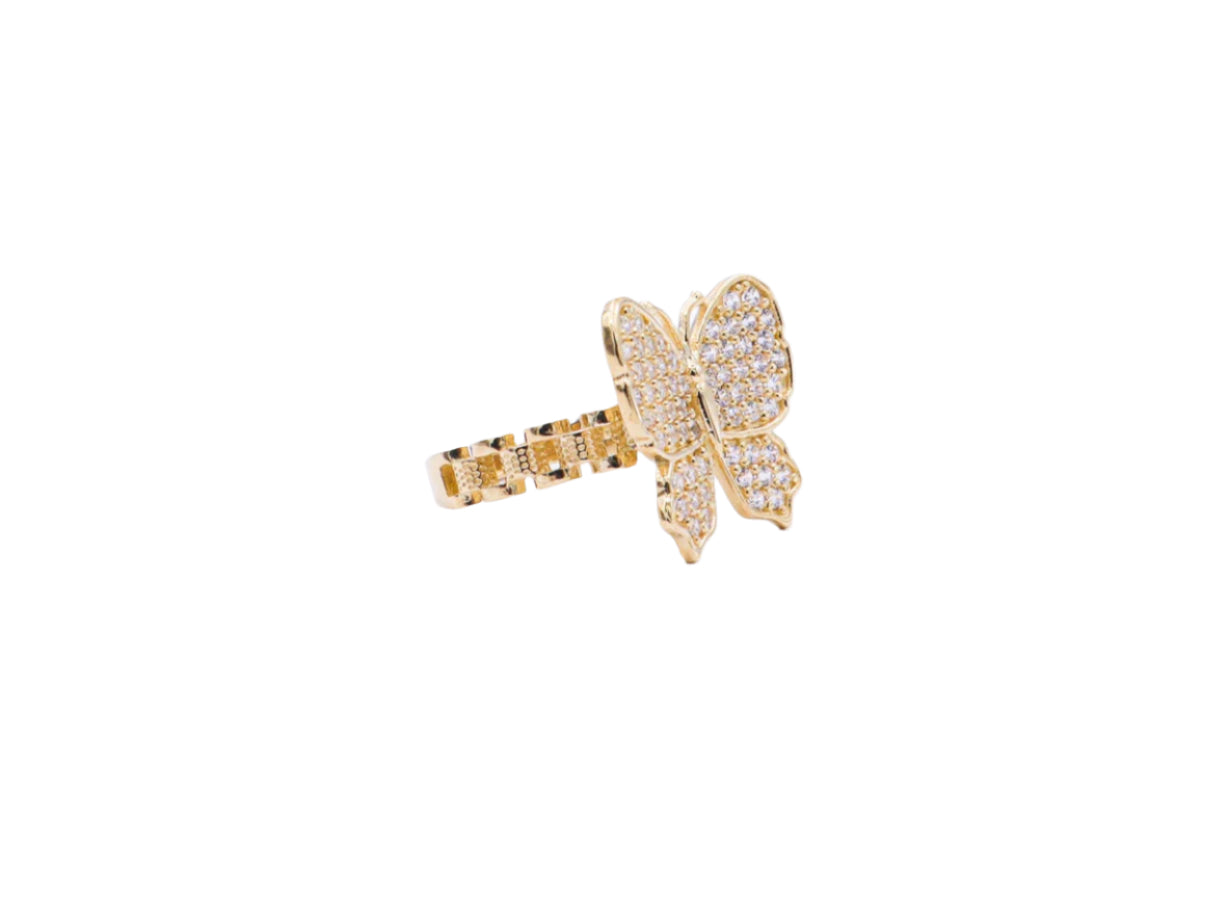 10K Solid Yellow Gold Butterfly Rolly Band Ring (Pink & White CZ)
