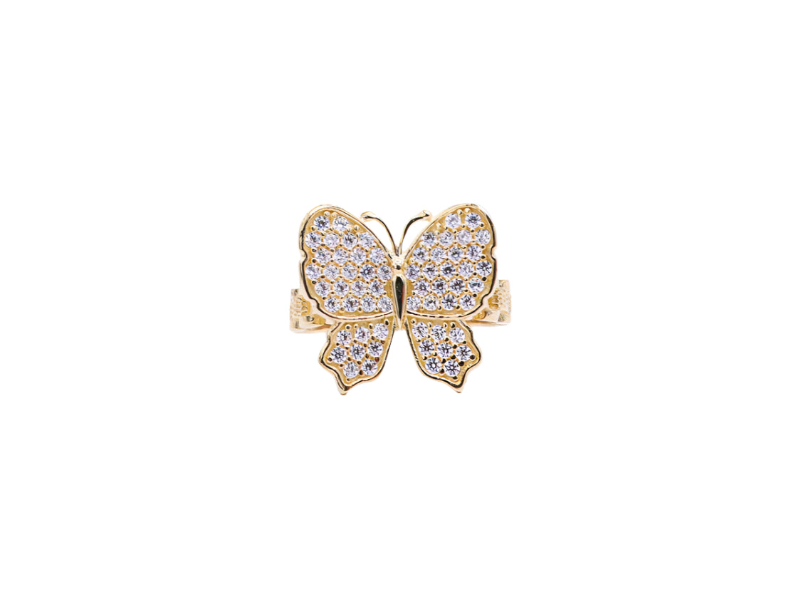 10K Solid Yellow Gold Butterfly Rolly Band Ring (Pink & White CZ)